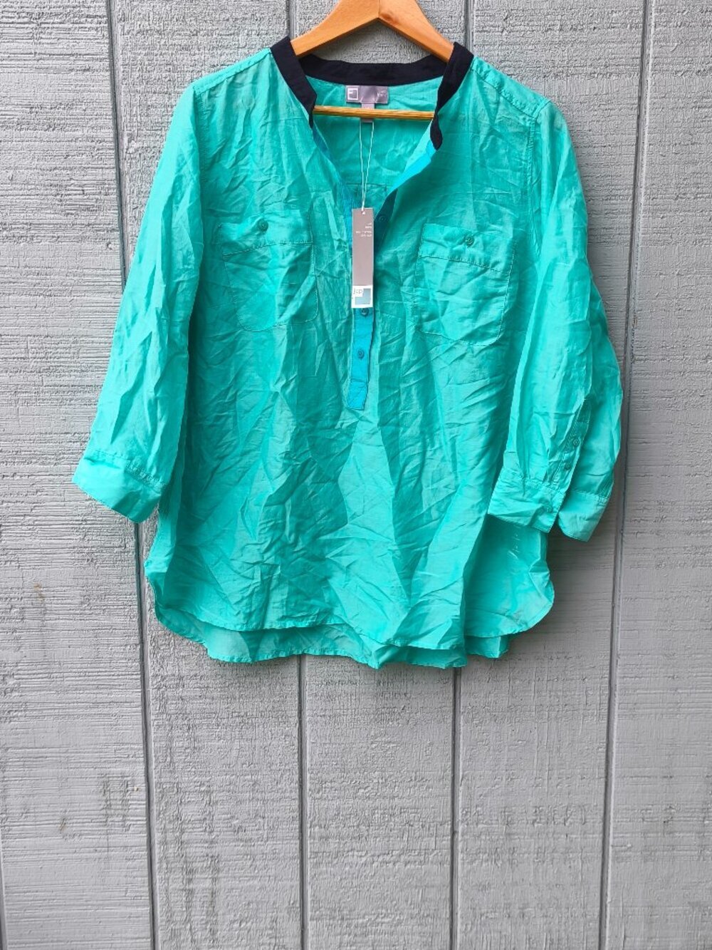 NWT JCP Silk Cotton Popover Blouse sz 1X Aqua Blue Coastal Grandma Natural Lux